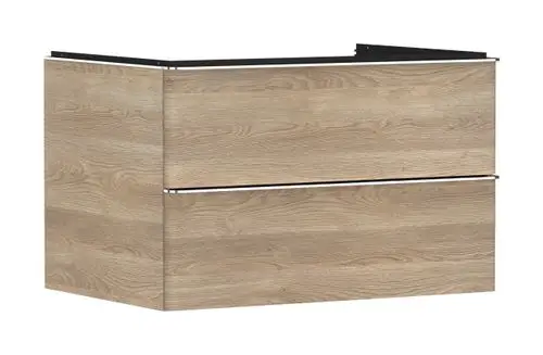 Waschtischunterschrank in Holzoptik von Hansgrohe mit zwei Schubkästen. Der Schrank hat eine klare, moderne Form und bietet Stauraum für Badezimmerutensilien.